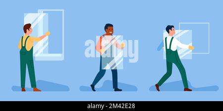 Glass industry workers install window. Construction installation. Builders work. Repairman in uniform. Professional repair service. Frame installer Stock Vector