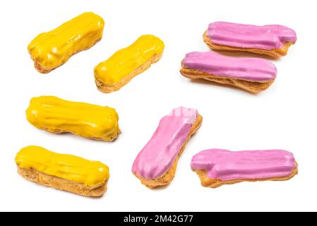 Fresh tasty eclairs isoalted on white background. Top view. Stock Photo