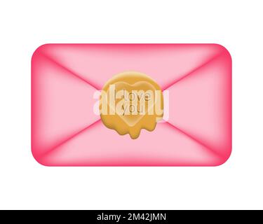 Cartoon pink envelope sealed with sealing wax in the shape of a heart. Love letter isolated on white. Valentine's Day love message concept. Vector Stock Vector