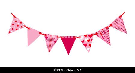 Festive garland with painted flags. Garland with triangular flags with ornaments and stripes on a rope. The concept of various holidays. Vector Stock Vector