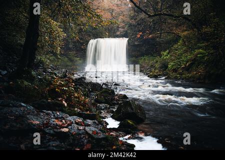 Sgwd yr Eira waterfall or Fall of Snow along the Four Waterfalls walk, Waterfall Country, Brecon Beacons national park, South Wales, the United Kingdom Stock Photo