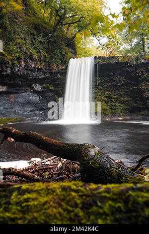 Sgwd Gwladys waterfall or Lady Falls in Brecon Beacons National Park, the Vale of Neath. South Wales, the United Kingdom. Four Waterfalls walk. Stock Photo