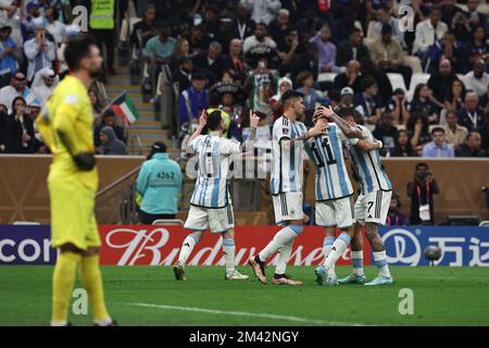 Doha, Qatar, December 18, 2022. Argentina's forward Lionel Messi and Argentina celebrates it’s second goal against Francia during the  World Cup FIFA Qatar 2022 final match at Lusail Stadium in Al Daayen, Doha, Qatar, on December 18, 2022. (Alejandro PAGNI / PHOTOXPHOTO) Stock Photo