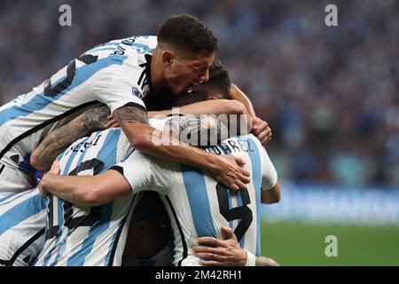 Doha, Qatar, December 18, 2022. Argentina celebrates it’s second goal against Francia during the  World Cup FIFA Qatar 2022 final match at Lusail Stadium in Al Daayen, Doha, Qatar, on December 18, 2022. (Alejandro PAGNI / PHOTOXPHOTO) Stock Photo