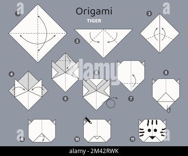 Origami tutorial. Origami scheme for kids Tiger Stock Vector