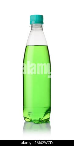 Green sparkling water in a plastic bottle isolated on white. Stock Photo
