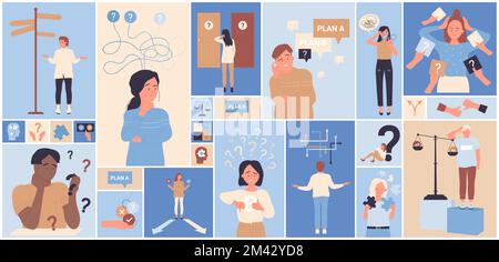 Cartoon people in doubt decide life problem, think and choose right door and direction in geometric collage background. Future choice and decision critical mindset, psychology set vector illustration. Stock Vector