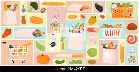 Cartoon healthy fruit and vegetables, basket from retail shop and supermarket trolley full of purchases, paper bags, food products in geometric collage background. Grocery set vector illustration. Stock Vector
