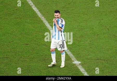 Argentina's Lionel Messi reacts after seeing his side concede during the FIFA World Cup final at Lusail Stadium, Qatar. Picture date: Sunday December 18, 2022. Stock Photo