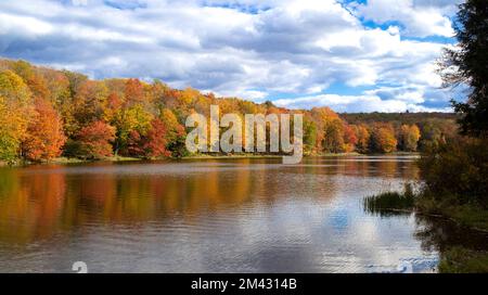 Calm lake surrounded by forest with Autumn leaf color, reflections of the trees in the water, blue sky with clouds, Catskills, New York State, USA Stock Photo