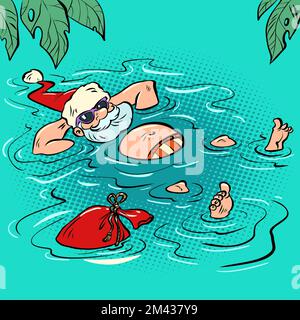Santa Claus relaxing at a seaside resort. Man swimming in the pool. New Year and Christmas Stock Vector