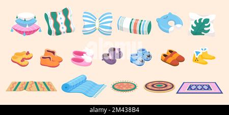 Cozy home elements, slippers pillows and carpets. Fluffy carpet, orthopedic and decorative pillow. Cute children and adult slipper, vector set Stock Vector
