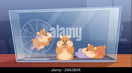 Domestic hamsters. Fluffy funny animals running in wheel playing eating and sleeping in cage exact vector cartoon background with hamsters Stock Vector