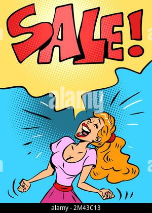 discounts sale a woman screams rage anger strong human emotions. Loud voice Stock Vector