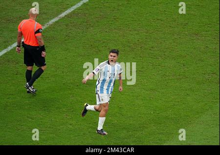 Argentina's Paulo Dybala celebrates scoring in the penalty shoot out during the FIFA World Cup final at Lusail Stadium, Qatar. Picture date: Sunday December 18, 2022. Stock Photo