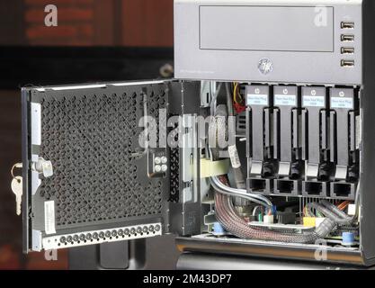 Inside of micro server computer. Computer circuit board and disk ...