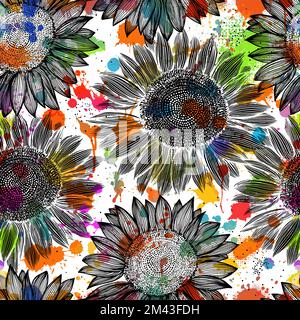 Seamless pattern of blots and sunflowers. Vector illustration Stock Vector