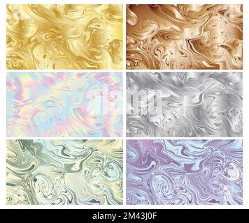 Set of six liquid metals, marble and holographic foil backgrounds Stock Vector