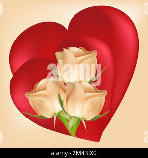 Three white roses on the background of two red hearts. Valentine's day concept. Vector image. Stock Vector