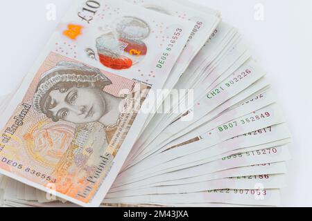 A pile of Bank of England polymer £10 notes showing Jane Austen on the rear Stock Photo