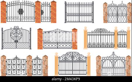 Forged gates. Wrought gate, cartoon ornamental metal enclosure for house park or garden entrance antique iron with ironwork decorative railing, neat vector illustration of gate architecture vintage Stock Vector