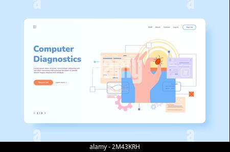 Bug fix website. Tester developer fixing api code bugs system communication, software support quality security automation service test malware hardware, vector illustration of program testing bug Stock Vector