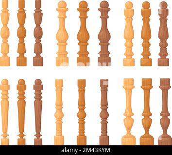 Wooden balusters. Cartoon wood balustrade with handrail, wood pillars railing fence column rail banister for balcony terrace porch stair house decoration vector illustration of balustrade isolated Stock Vector