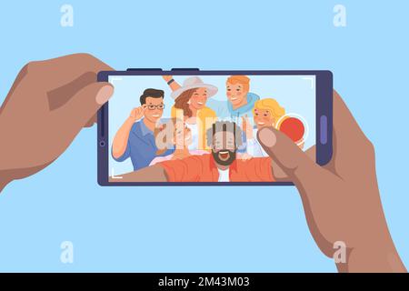 Hands taking selfie. Hand take self photo picture or video camera mobile phone with smile friends in holiday travel trip, photograph on screen smartphone vector illustration of selfie photo picture Stock Vector