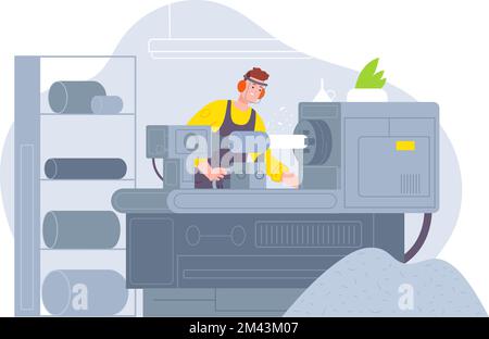 Lathe worker. Man working on turner factory machine, woodworking industrial steel apparatus for wood manufacturing carpentry lath engineering, cartoon splendid vector illustration of turner machine Stock Vector