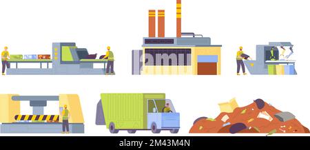 Garbage recycle factory. Manufacturing process recycling and plastic waste on urban rubbish, plant workers of industrial disposal wastes, splendid vector illustration of recycle waste and garbage Stock Vector
