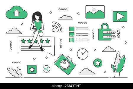 Smm content sharing. Engaging online post, audience rating, digital marketing vector monocolor illustration Stock Vector