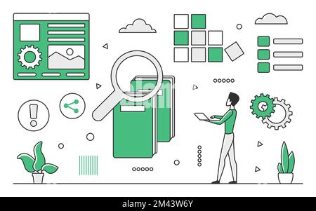 Data information structuring. Database center, statistics files storage vector monocolor illustration Stock Vector