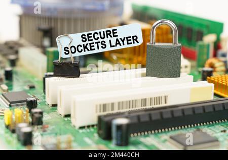 Computer security concept. There is a sticker on the motherboard that says - Secure Sockets Layer Stock Photo
