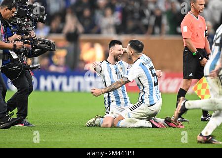 Doha, Qatar on December 18, 2022. Lionel Messi (10) and Leandro Paredes (5) of Argentina celebrate after winning the Final between Argentina and France at the 2022 FIFA World Cup at Lusail Stadium in Lusail, Qatar, on December 18, 2022. Photo by David Niviere/ABACAPRESS.COM Stock Photo