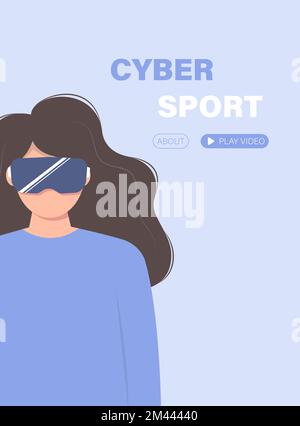 Landing page metaverse, game or application. Cyber girl in VR glasses. Stock Vector