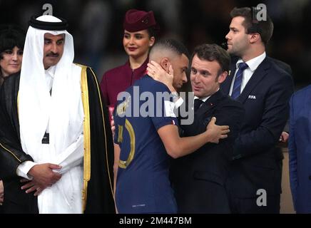 France's President Emmanuel Macron, right, and Francois Baroin ...