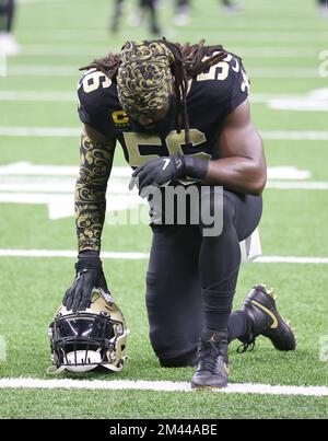 New Orleans, USA. 08th Jan, 2023. New Orleans Saints linebacker Demario  Davis (56) celebrates after making a huge play during a National Football  League contest at Caesars Superdome in New Orleans, Louisiana