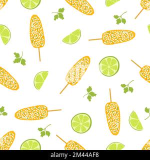 Seamless pattern with elote dish. Traditional Mexican food, folk cuisine. Vector background with grilled corn Stock Vector