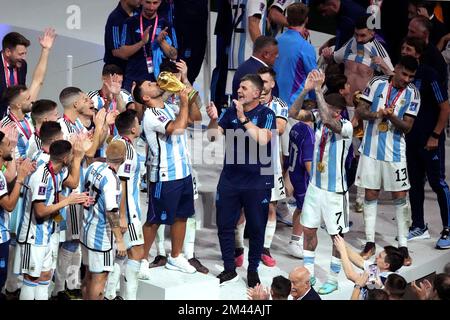 Lusail, Qatar. 18th Dec, 2022. Team Argentina celebrate during the awarding ceremony of the 2022 FIFA World Cup at Lusail Stadium in Lusail, Qatar, Dec. 18, 2022. Credit: Pan Yulong/Xinhua/Alamy Live News Stock Photo
