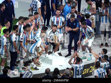Lusail, Qatar. 18th Dec, 2022. Team Argentina celebrate during the awarding ceremony of the 2022 FIFA World Cup at Lusail Stadium in Lusail, Qatar, Dec. 18, 2022. Credit: Pan Yulong/Xinhua/Alamy Live News Stock Photo
