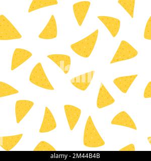 Seamless pattern with tortilla chips in cartoon flat style. Hand drawn vector background with nachos tortillas, mexican food Stock Vector