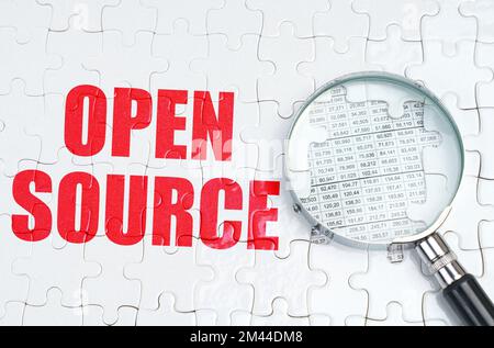 Business concept. There is a magnifying glass on the puzzles, next to it is written - OPEN SOURCE Stock Photo