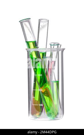 Chemical flasks with multicolor liquid solution isolated on white background Stock Photo