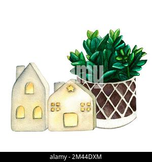 Home plant and ceramic houses lanterns. Watercolor illustration interior of living room. Clipart. Home decor elements on a white background. Stock Photo