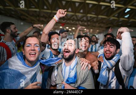 Lusail, Qatar. 18th Dec, 2022. Fans of Argentina celebrate after the team winning the 2022 FIFA World Cup at Lusail Stadium in Lusail, Qatar, Dec. 18, 2022. Credit: Xiao Yijiu/Xinhua/Alamy Live News Stock Photo