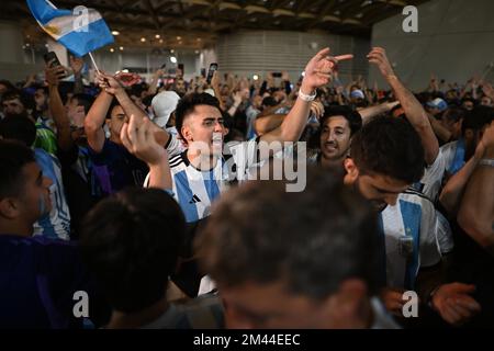 Lusail, Qatar. 18th Dec, 2022. Fans of Argentina celebrate after the team winning the 2022 FIFA World Cup at Lusail Stadium in Lusail, Qatar, Dec. 18, 2022. Credit: Xiao Yijiu/Xinhua/Alamy Live News Stock Photo
