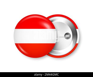 Realistic button badge with printed Austrian flag. Souvenir from Austria. Glossy pin badge with shiny metal clasp. Product mockup for advertising and Stock Vector