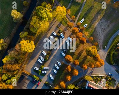 Drone shot, RV park in autumn, Imperial and Hanseatic City of Tangermuende, Stendal County, Saxony-Anhalt, Germany Stock Photo