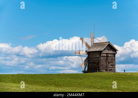 Wooden windmill, Unesco site Kizhi island, Karelia, Russia Stock Photo