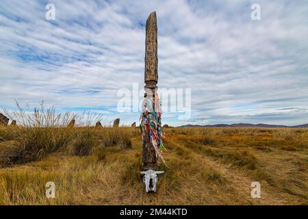 Buddhist totem, Salbyksky Mound, Valley of the kings, Republic of Khakassia, Russia Stock Photo
